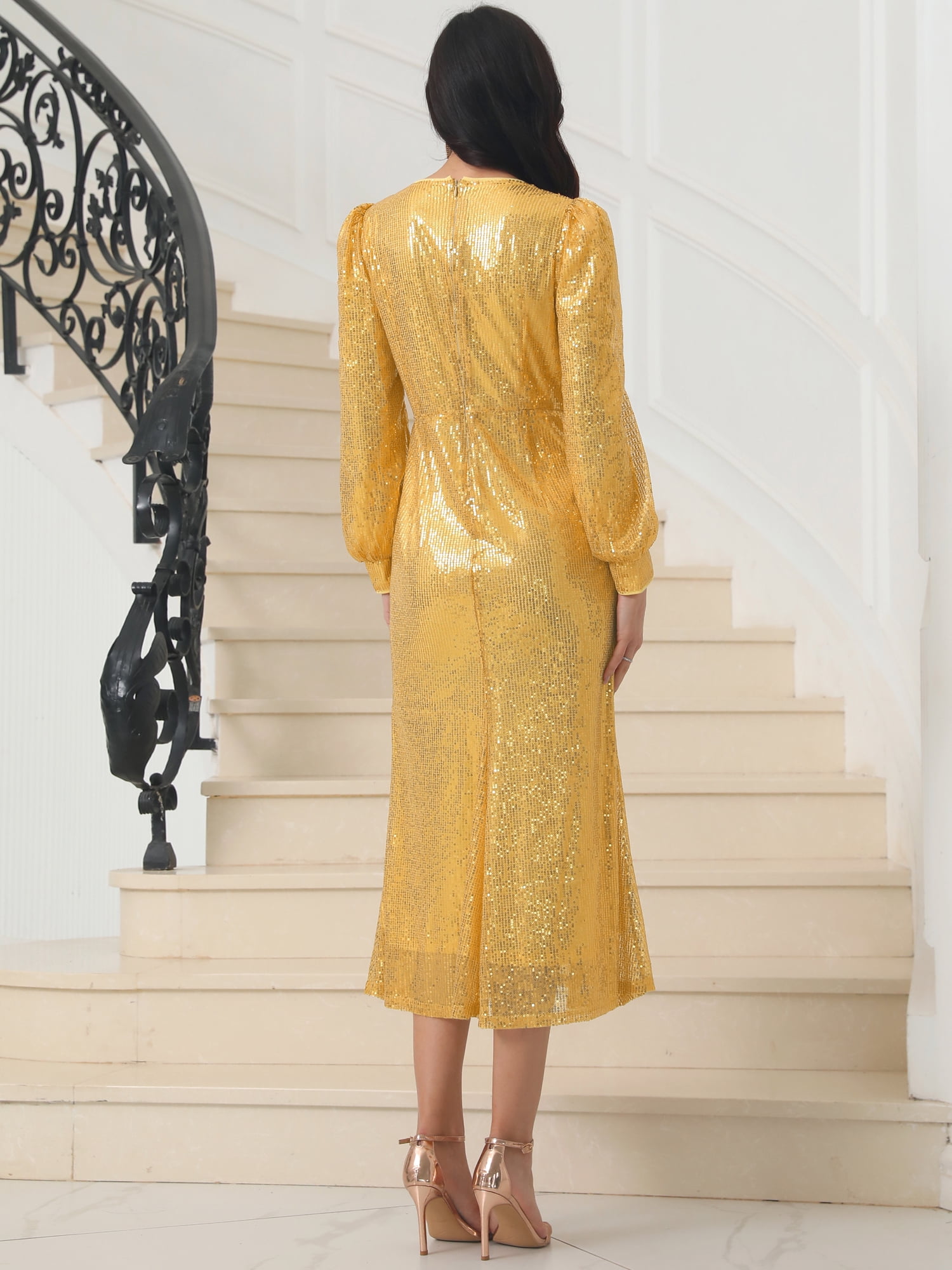 DARING DIVA V-Neck Sequin Long Sleeve Cocktail PromDress XL Gold