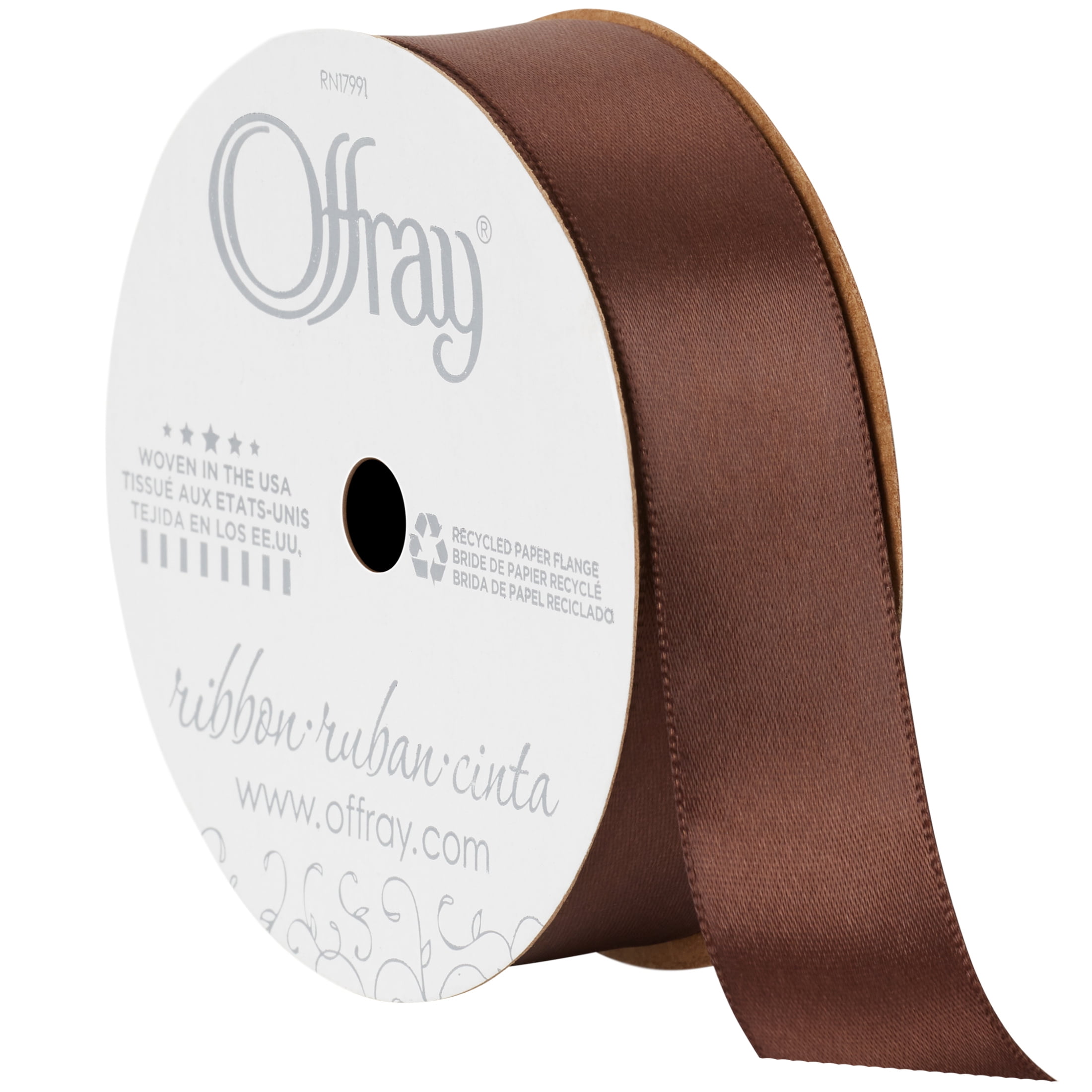 Offray Ribbon, Brown 7/8 inch Single Face Satin Polyester Ribbon, 18 feet