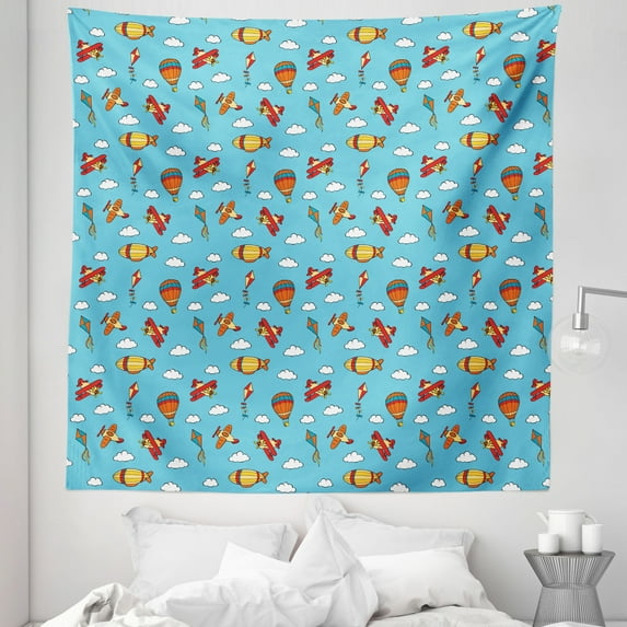 Airplane Tapestry, Colorful Air Transportation Pattern with Balloons Biplanes Zeppelins and Kites, Fabric Wall Hanging Decor for Bedroom Living Room Dorm, 5 Sizes, Multicolor, by Ambesonne
