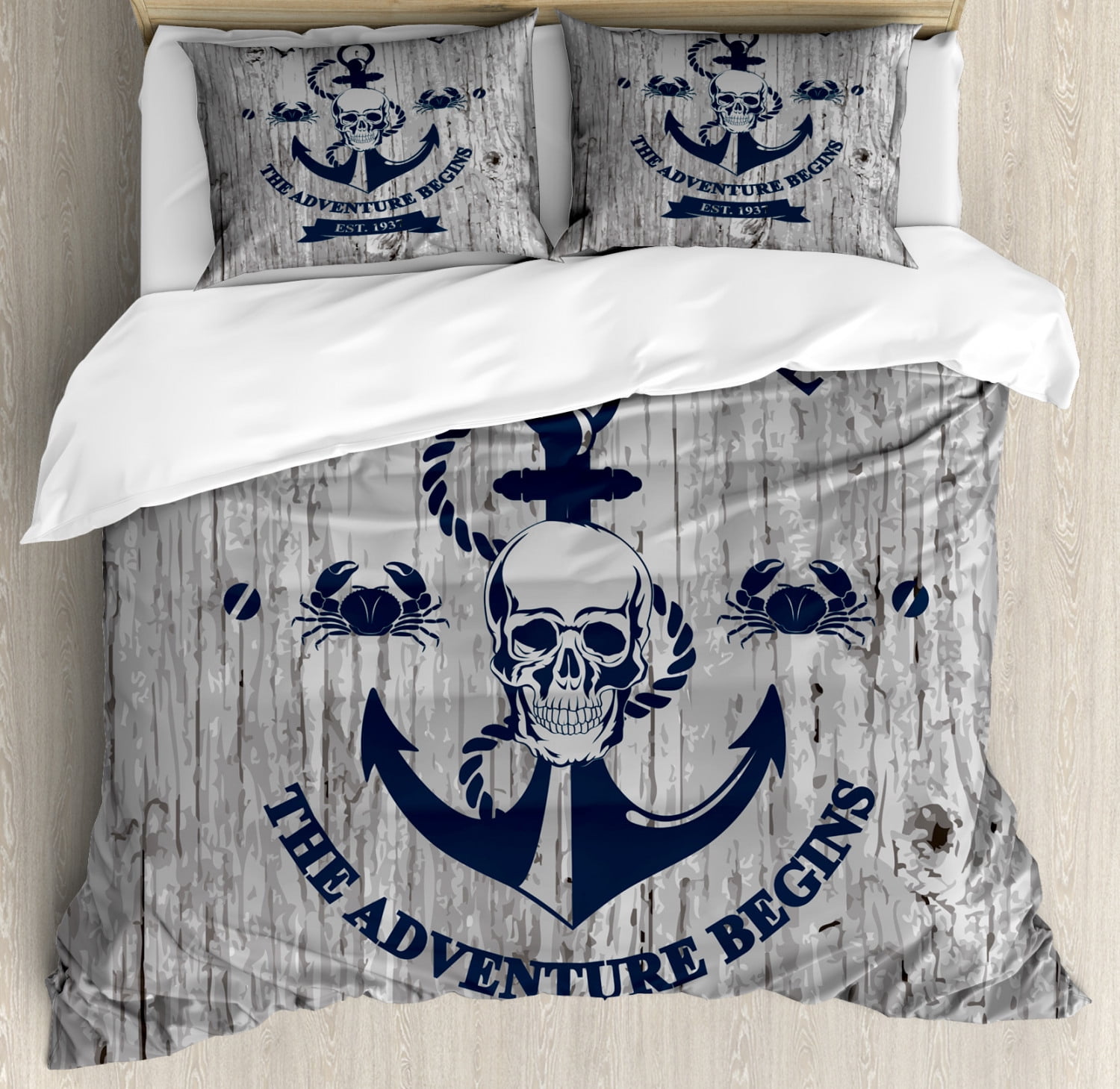 Anchor King Size Duvet Cover Set Art With Skull Rope Nautical The Adventure Begins Message Historic Decorative 3 Piece Bedding 2 Pillow Shams Beige Navy Blue By Ambesonne Com Anchor King Size Duvet Cover Set Art, Anchor King Size Bedding
