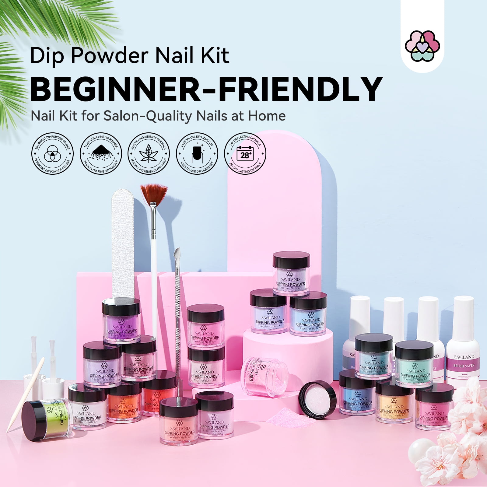 Saviland 29Pcs Dip Powder Nail Kit with Everything - 20 Colors Dipping Nail Powder Kit with Base and Top Coat Activator Brush Saver Dip Powder Liquids Set
