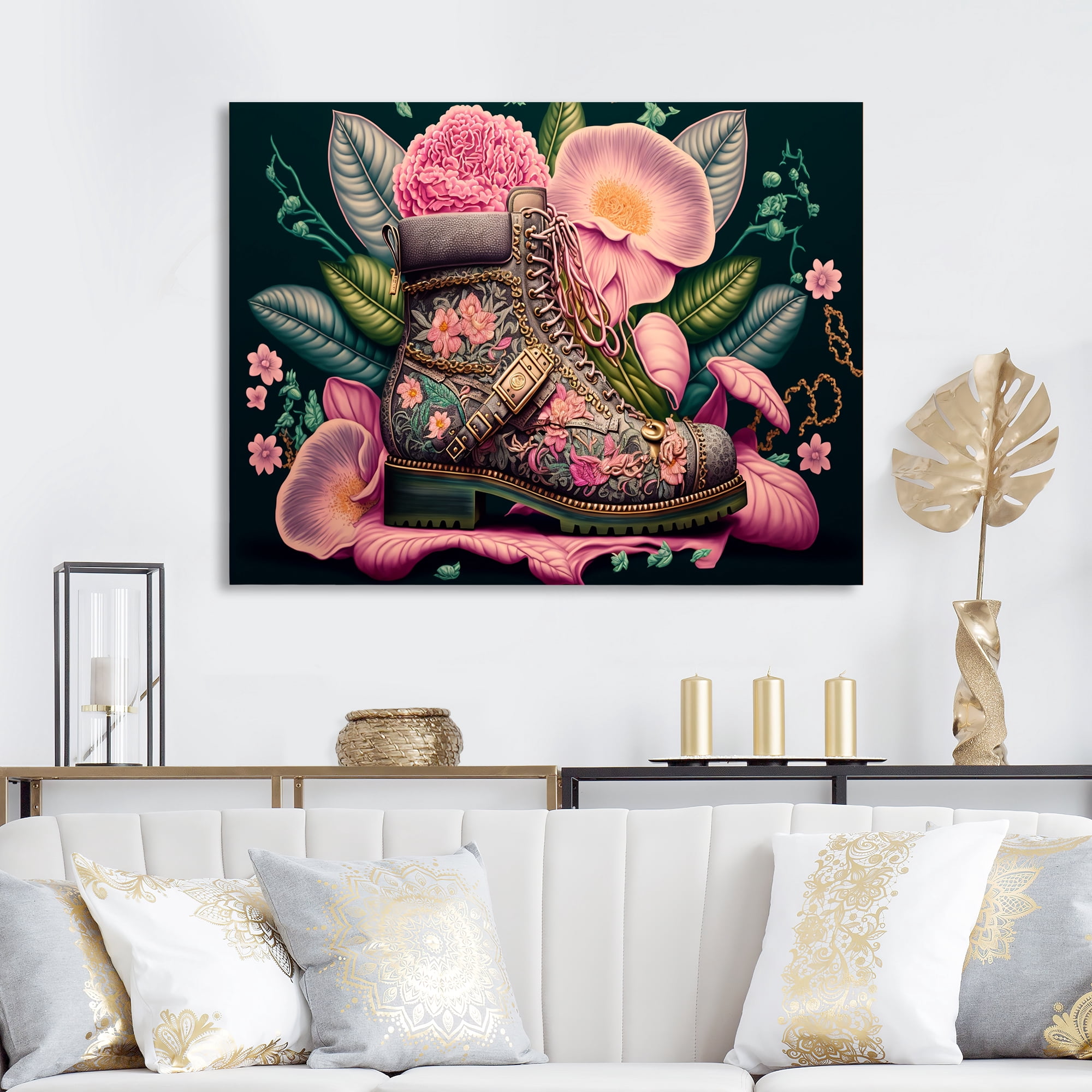 Designart Floral Pink Army Boots Art Canvas Wall Art