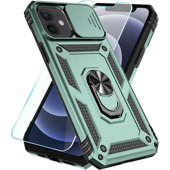 Compatible with iPhone 12 Case/iPhone 12 Pro Case with HD Screen Protector & Slide Camera Cover & Rotated Ring Kickstand,[Military-Grade] Phone Case for iPhone 12/12 Pro (Green)