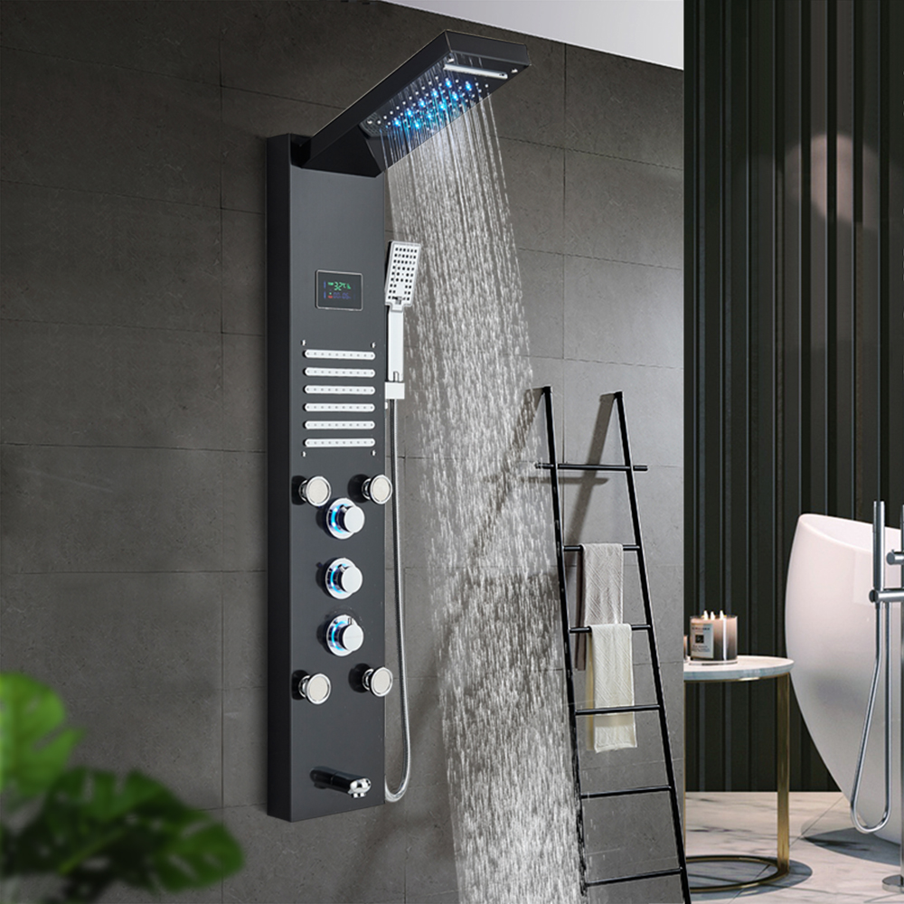 LED Shower Panel Tower System Rain&Waterfall Massage Black Stainless