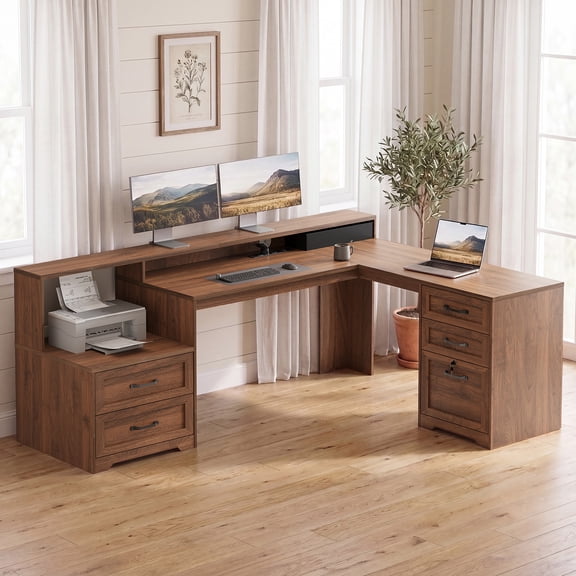 Casacomoda 68" Farmhouse L Shaped Desk, Executive Office Desk with Locking File Cabinet, Printer Shelf & Power Outlet, Walnut