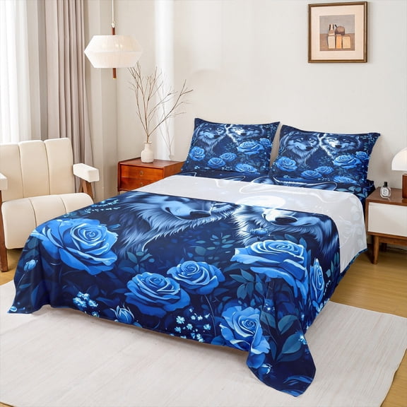 Feelyou Couple Rustic Wolf Queen Sheet Sets for Teens, Blue Romantic Rose Flat Sheet, Mystic Jungle Galaxy Moon Queen Fitted Sheet, Ultra Soft Bedroom Decor, 4-Piece