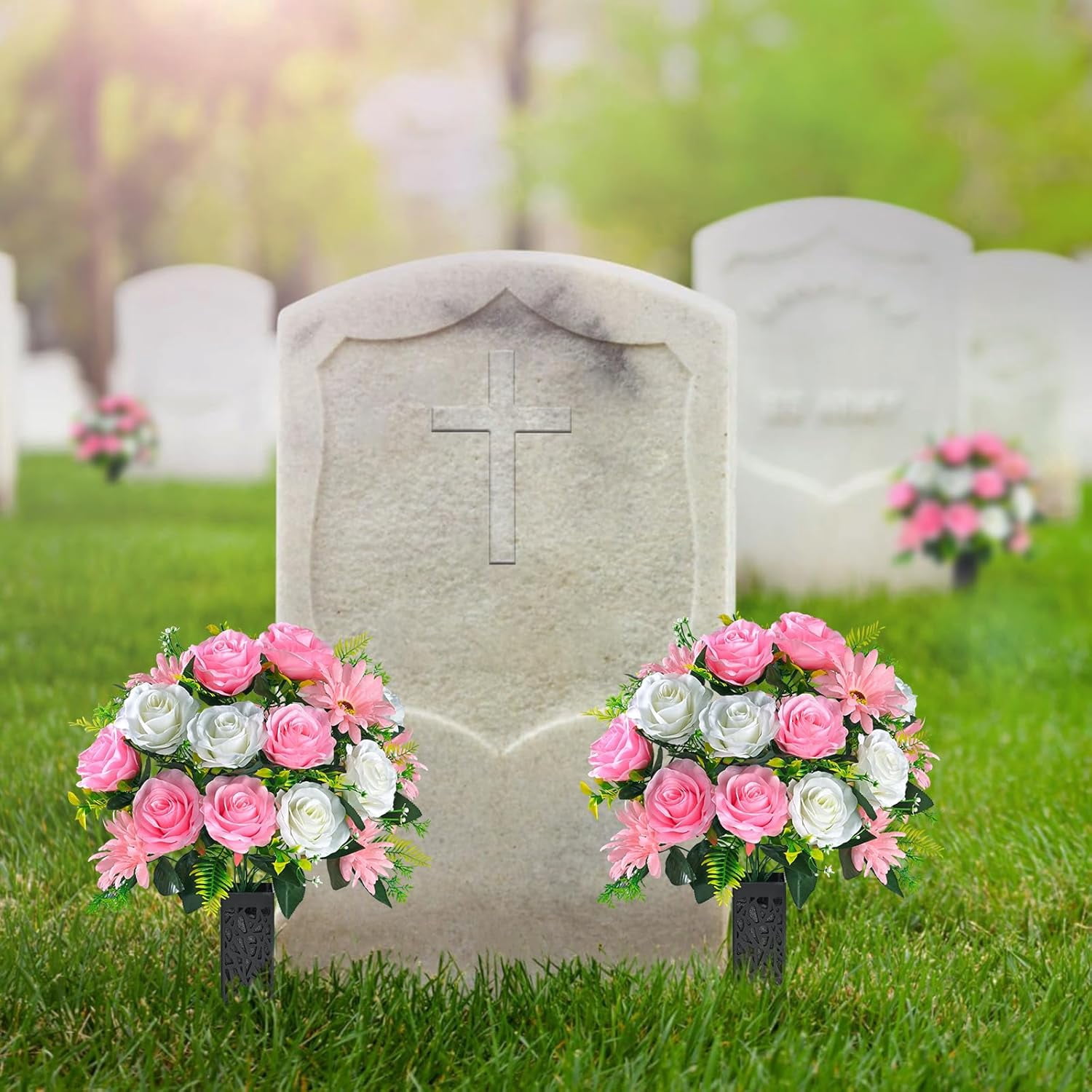 Lyacmy Set of 2 Artificial Cemetery Flowers with Vase, Memorial Day Flowers for Cemetery Outdoor Grave Headstones Decorations, White Pink