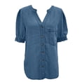 thumbnail image 5 of Womens Plus Size Shirts Oversized Tshirts for Women Casual Denim V Neck Short Sleeve Button Down Shirt Plus Size Tops Blue XL, 5 of 6