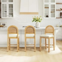 Spruce & Spring Boho Rattan Counter Stool with Solid Wood Frame and Upholstered Seat Set of 3, Natural