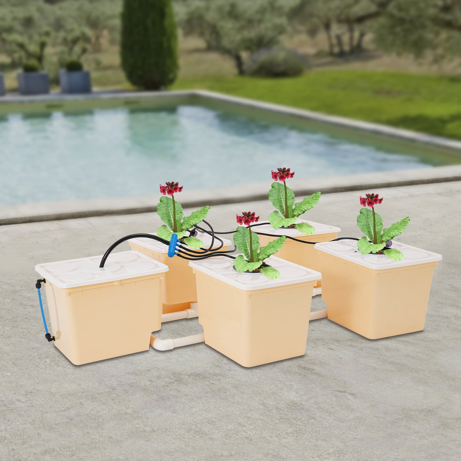 5 Bucket DWC Hydroponic Growing System, PP&UV Material Indoor Outdoor Drip Irrigation Kit with 11L Capacity Per Bucket, Complete Accessories Included for Vegetables Herbs Flowers