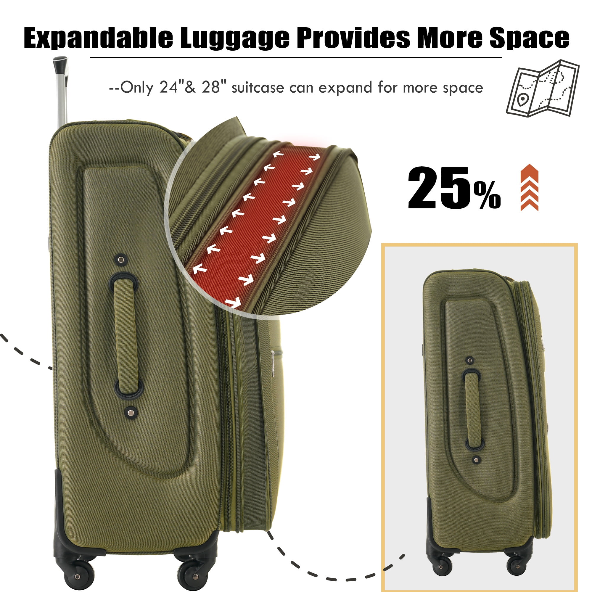 EUROCO 3 Piece Softside Luggage Set,Expandable Suitcase Set with TSA Lock and Spinner Wheels,Lightweight Suitcase for Men Women(20",24",28"),Army Green