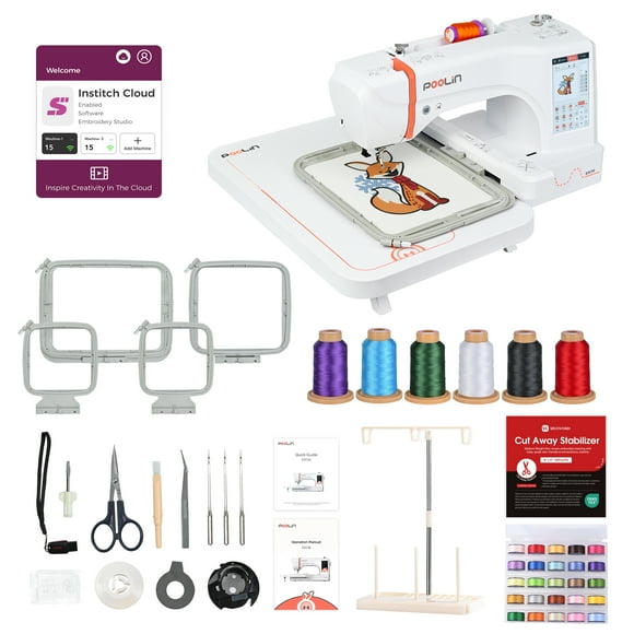 Poolin EOC06 Embroidery Machine 7.9x11 inch Large Area, 7 inch Color Touch Screen, Comes with Necessary Embroidery Accessories Starter Kit