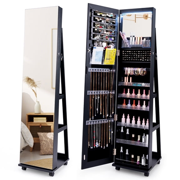 Gymax 64'' Jewelry Cabinet Armoire w/ 3-Color Lights Adjustable Shelves & Wheels Black