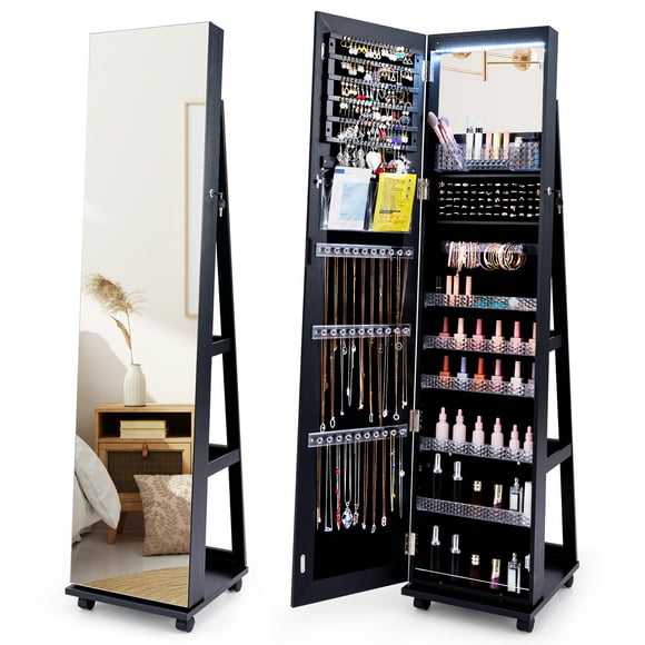 Gymax 64'' Jewelry Cabinet Armoire w/ 3-Color Lights Adjustable Shelves & Wheels Black