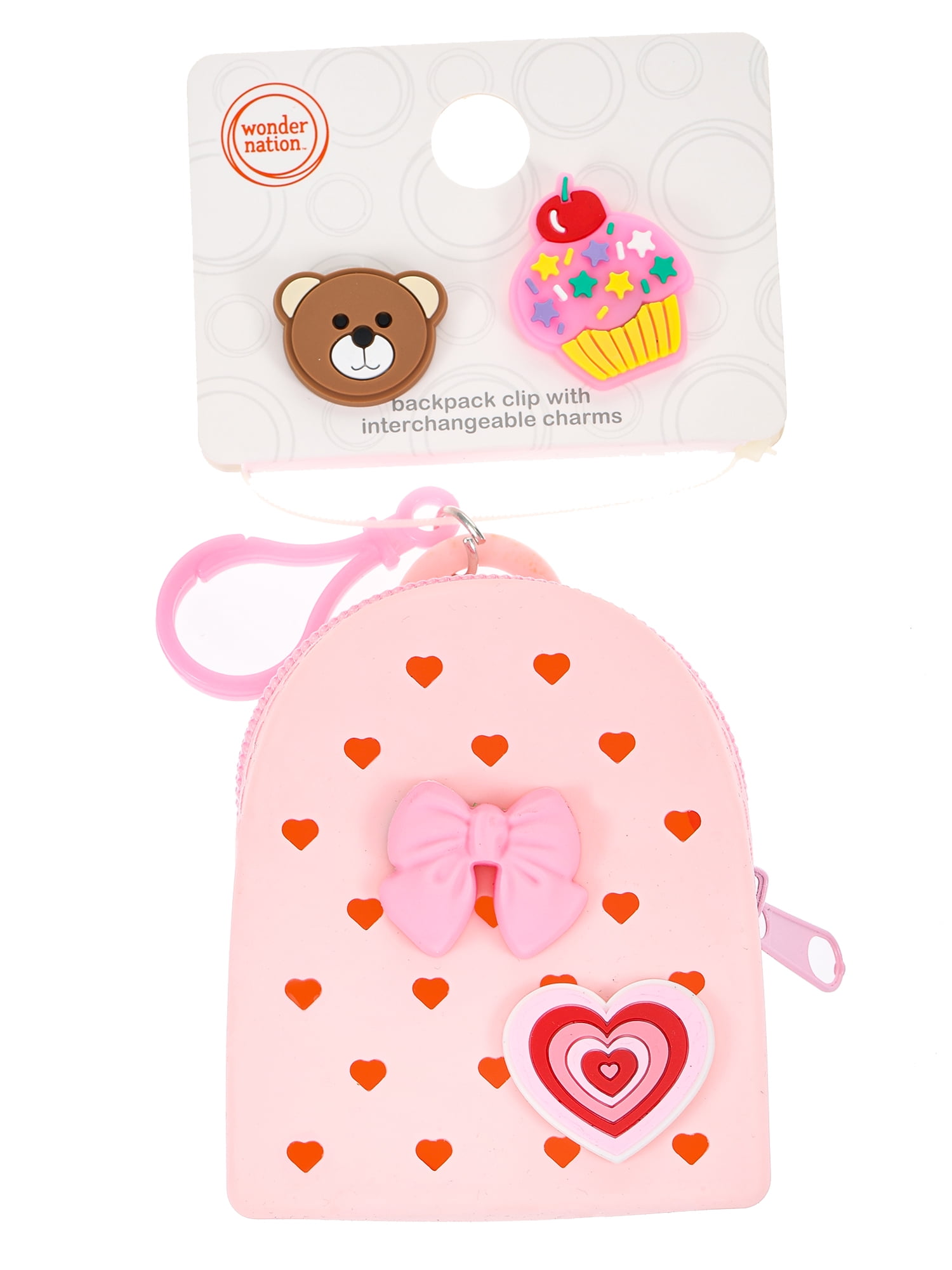 Wonder Nation Silicone Mini Backpack Bag Clip/Pouch for Kids with Interchangeable Charms, Pink, 5 Pieces