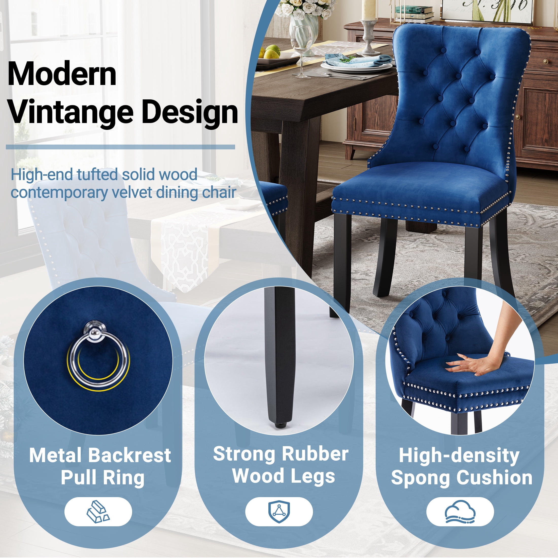 Paproos Dining Chairs Set of 2, Upholstered High-End Tufted Dining Room Chair with Back Ring and Nailhead Trim, Modern Velvet Kitchen Chairs with Solid Wood Legs for Kitchen, Home, Blue