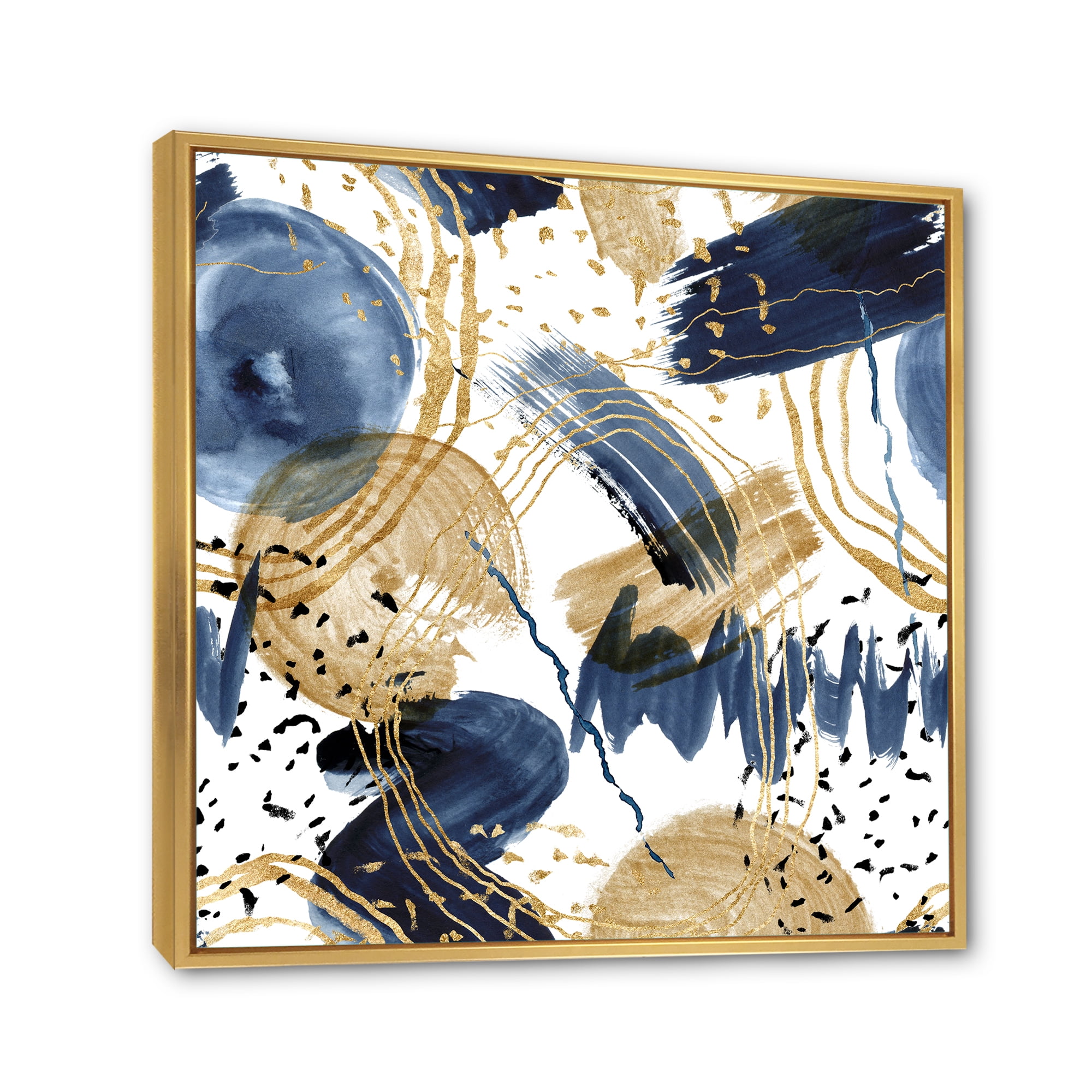 Dark Blue & Golden Textures With Abstract Pattern 30 in x 30 in Framed Painting Canvas Art Print, by Designart