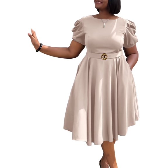 Women's Summer Casual Dresses Puff Sleeve A-Line Big Swing Office Swing Dress