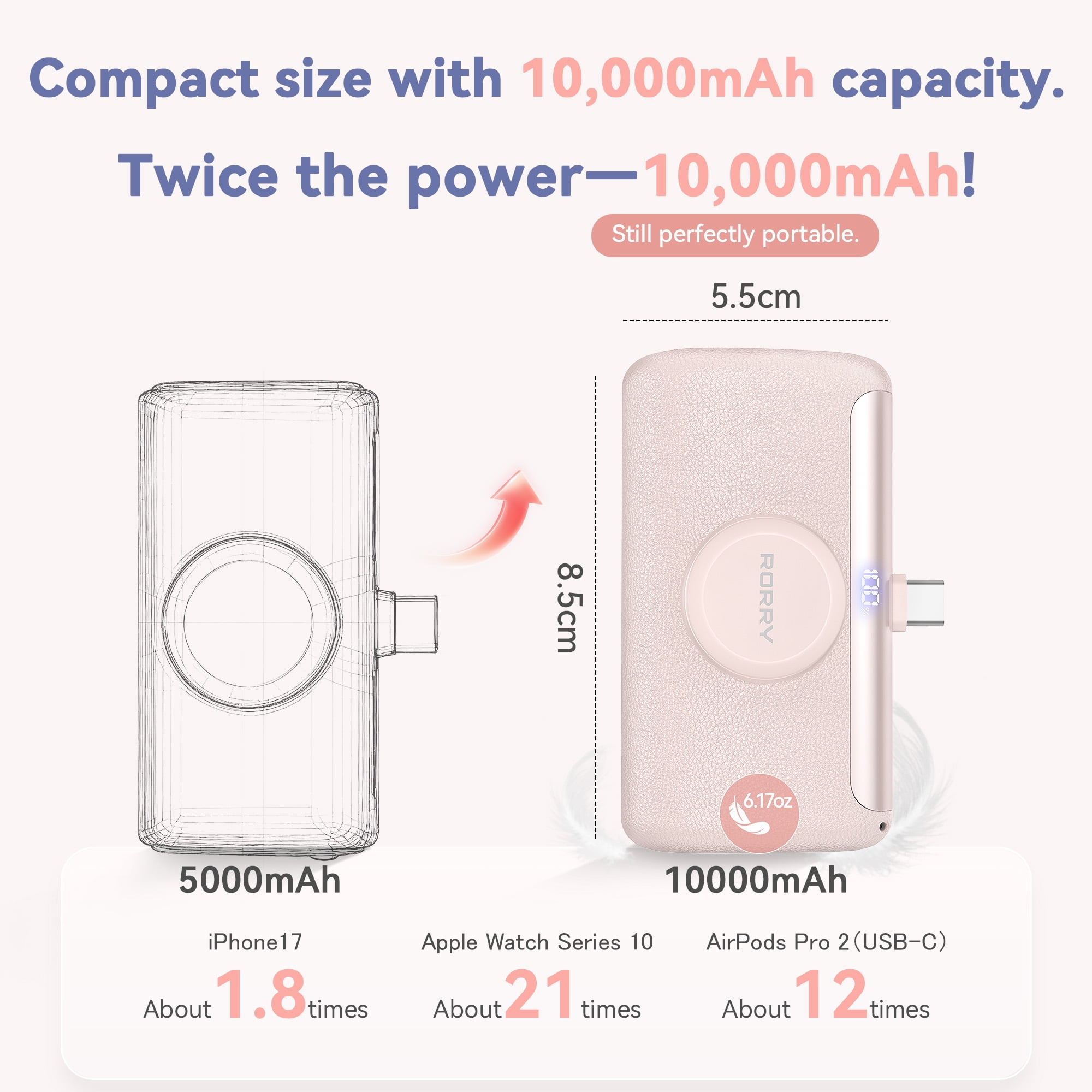 RORRY 10000mAh Portable Charger, 22.5W PD Fast Charging Power Bank with Built-in USB-C Cable, Mini Apple Watch & Phone Charger for iPhone 17/16/15, AirPod, Samsung– Pink