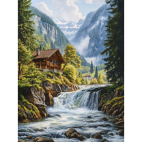 Mountain Waterfall Cabin Canvas Print/Wall Art,Suitable for Living Room,Bedroom,Bathroom,Office, and Hotel Decoration.