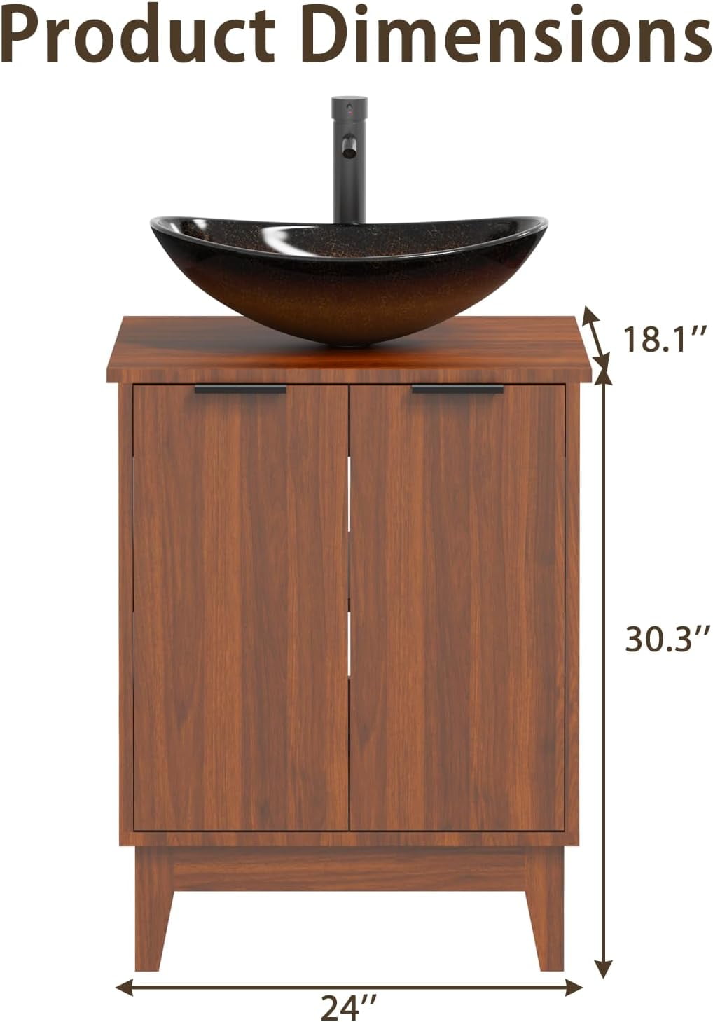 Erinnyees 24" Bathroom Vanity with Sink Combo Set, Rustic Bathroom Cabinet with 2 Doors, Standing Pedestal Cabinet with Gold Boat Vessel Sink