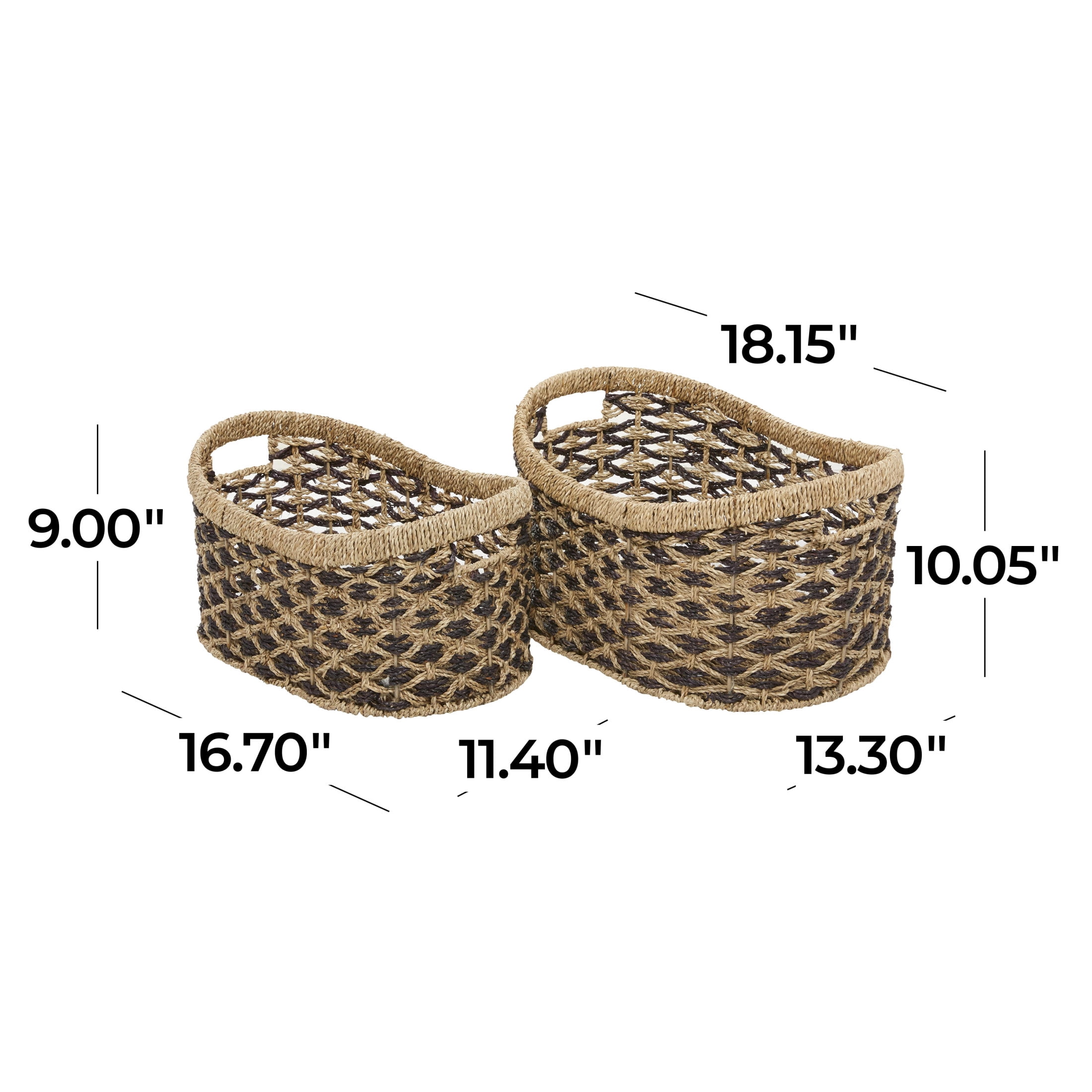 DecMode 10", 9"H Brown Seagrass Handmade Two Toned Storage Basket with Handles, 2-Pieces