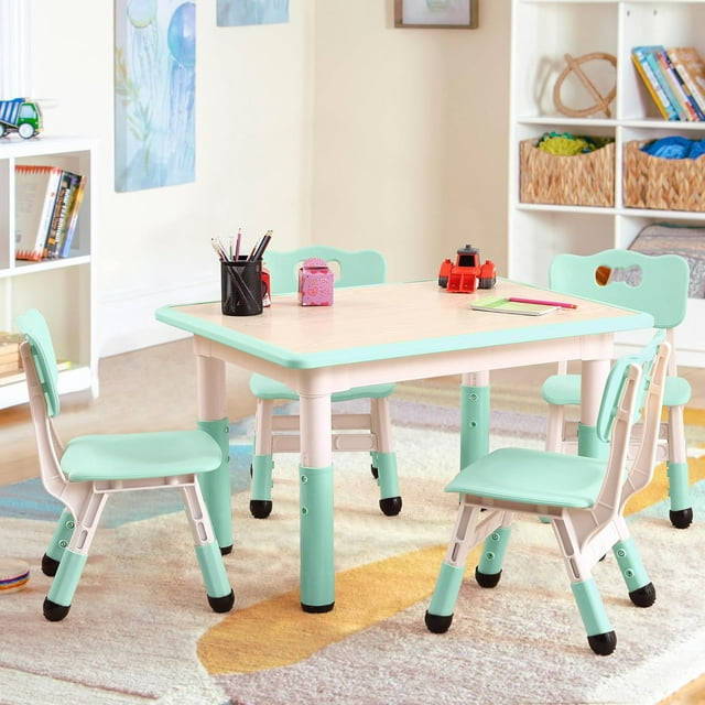 Mesa Moderna para Niños y Juego de 4 Sillas, Mesa Ajustable de 31.5" con Patas Antideslizantes y Escritorio con Diseño de Grafiti, Juego para Preescolar