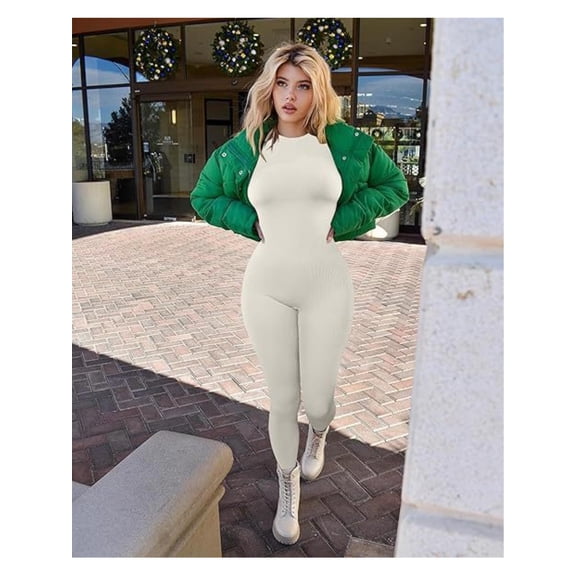 Women's one-piece Yoga Jumpsuit Ribbed Long Sleeve Long Pants Round Neck Top Sports Jumpsuit