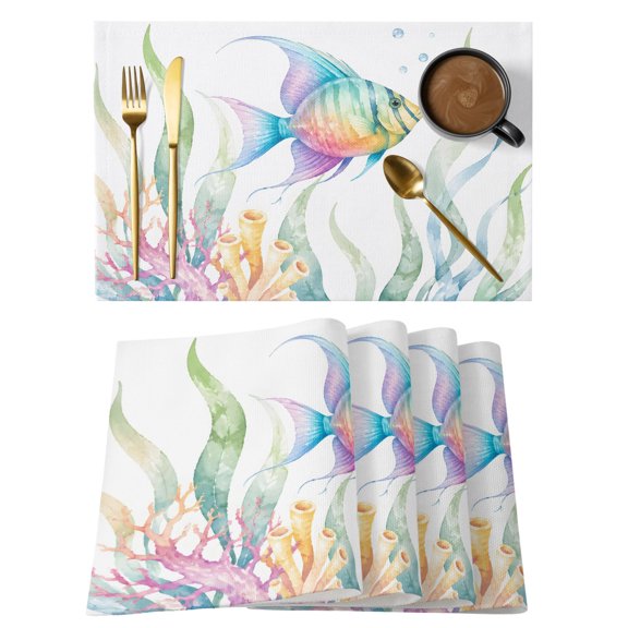 Sea Colorful Fish Placemats Set of 6, Fantasy Nautical Coastal Ocean Coral Seaweed Non-Slip Place Mats Washable Table Mats for Kitchen Dining Table Decorations Indoor/Outdoor