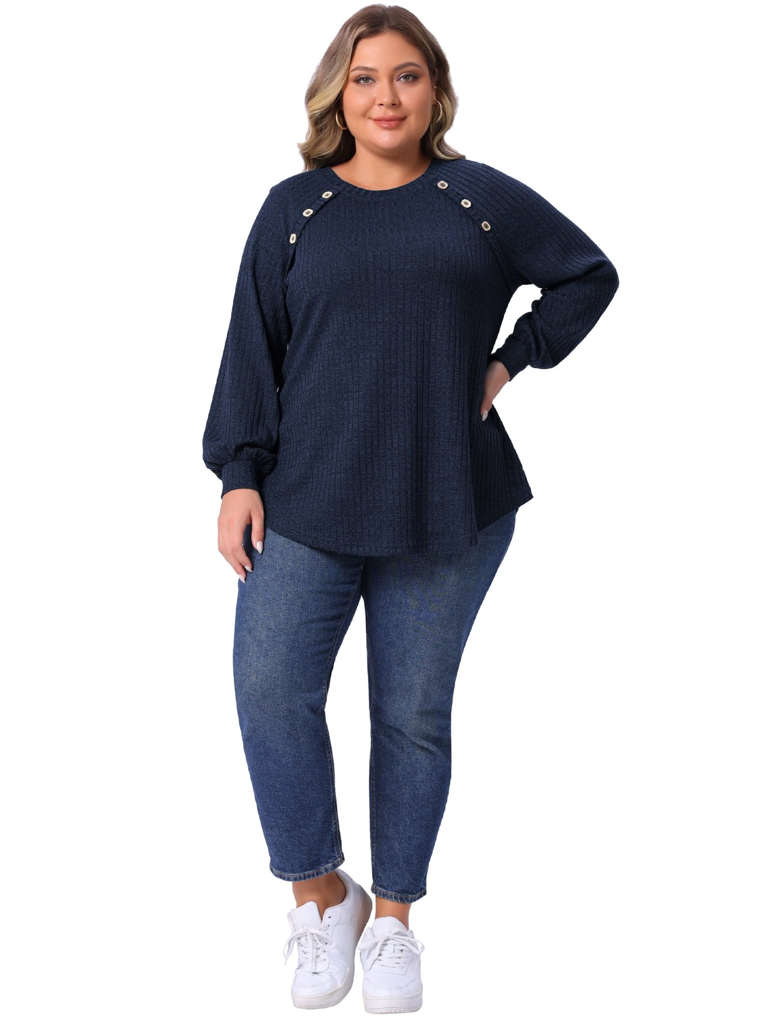 DARING DIVA Women's Plus Tops Crew Neck Button Decor Pullover Blouses 2X Dark Blue