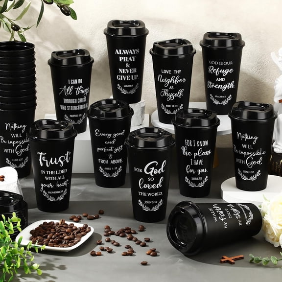 40 Pack Christian Gifts for Men Women 16oz Reusable Bible Verse Tumbler Bulk Plastic Coffee Cups with Lids Inspirational Religious Christmas Gifts for Church Party Favor (Black)