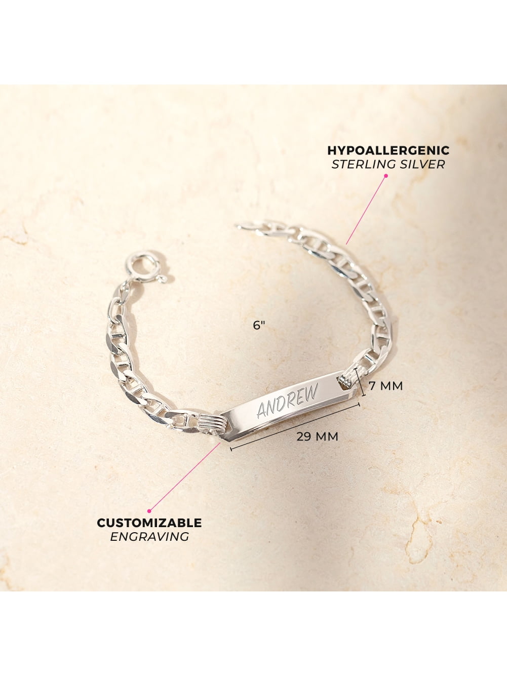 925 Sterling Silver Tag ID Identification Anchor Chain Link Bracelet For Kids 6"
