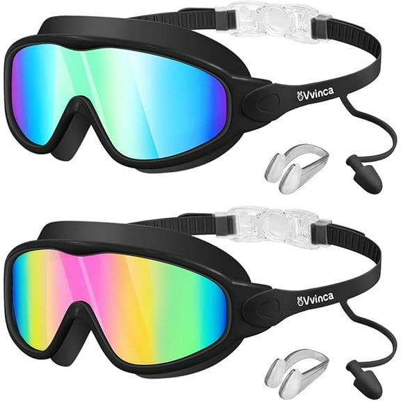 Swim Goggles, Kids Goggles with Earplugs& Nose Clip Wide View Anti-Fog/UV Swimming Goggles for Age 3-15 Boys Girls