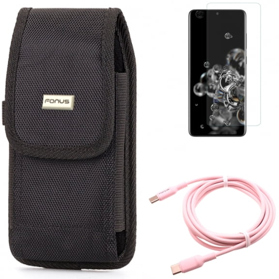 Case Belt Clip w Screen Protector w Pink 10ft Long Cable for Samsung Galaxy S20 Ultra - Swivel Holster Rugged, Tempered Glass [Fingerprint Unlock] 3D Curved Edge, USB-C to Type-C fits Galaxy S20 Ultra