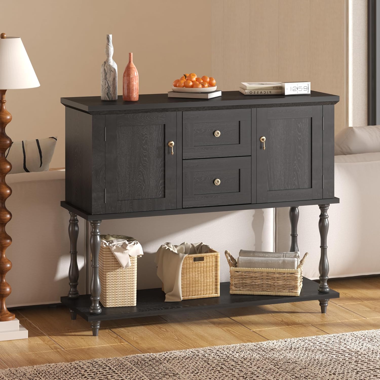 QinaQin Entryway Table with 2 Drawers,Vintage Console Table with Storage Shelf and 2 Doors,Farmhouse Buffet Sideboard Cabinet for Hallway,Entryway,Black