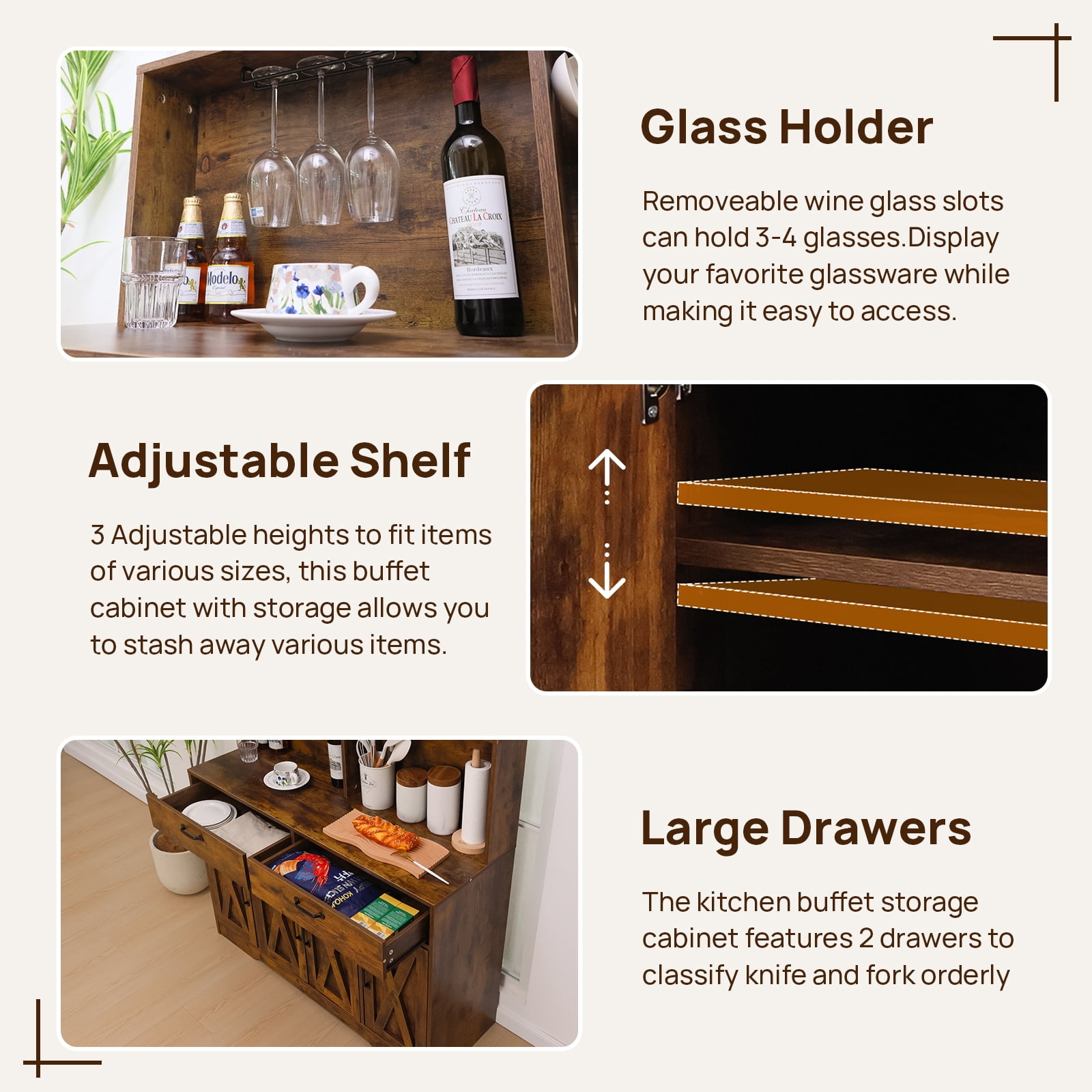 Walsport 47'' Coffee Bar Cabinet - Farmhouse Sideboard Buffet Cabinet with Storage - Kitchen Pantry Storage Cabinet with Doors and Shelves for Dining Room, Living Room, Kitchen (Brown)