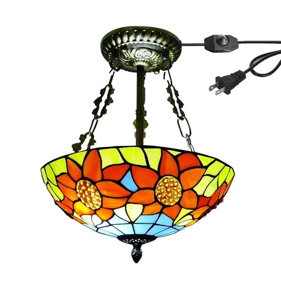 Kiven 11.8in Flush Mount Ceiling Light Fixture Dimmable, 2-Light Anti Glare Close to Ceiling Light with 15FT Plug-in Cord, Tiffany-Style Glass Chandelier for Bedroom Kitchen Hallway(No.3220)