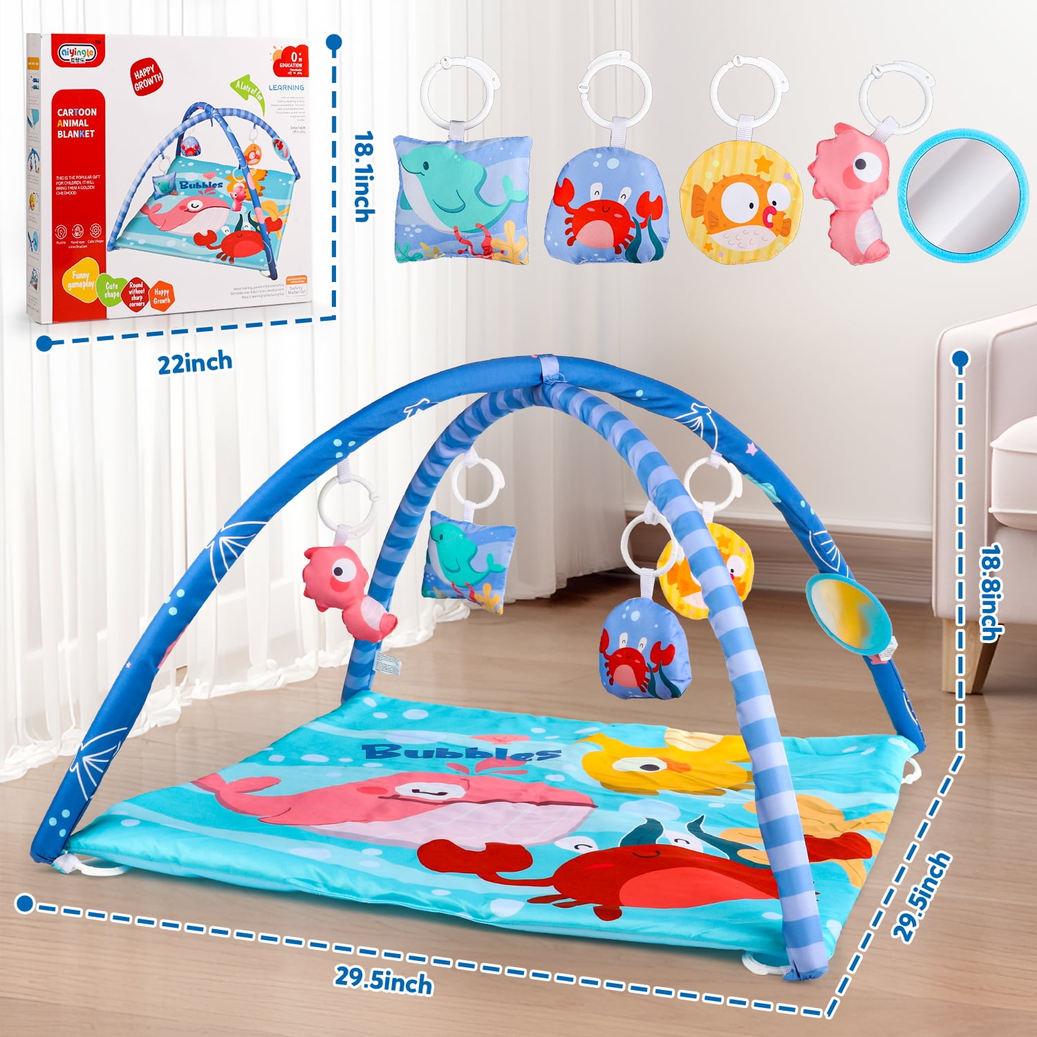 UUSUOO Baby Gym Play Mat,Tummy Time Mat With 5 Sensory Toys,Busy Baby Mat for Visual, Hearing, Sensory,Baby Toys 0-6 Months,Christmas Gifts for Toddler Infant 0-3-6-9-12 Month