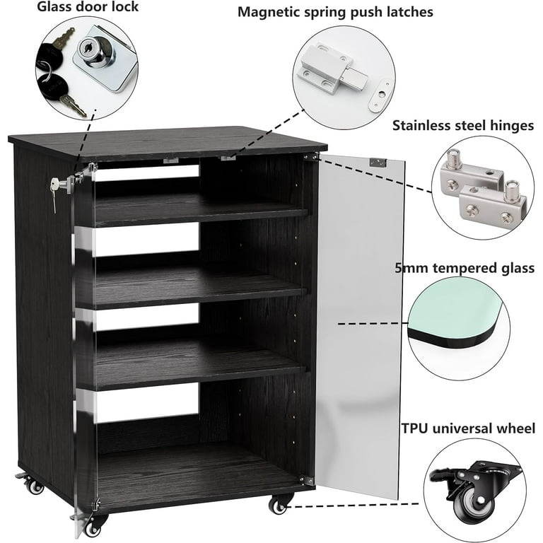 Pakasept Media Storage Cabinet, Adjustable 4 Shelves, Glass Doors