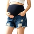 thumbnail image 2 of Women's Maternity Shorts Over The Belly Stretchy Denim Jean Shorts Raw Hem Ripped with Pockets Flattering Summer Pregnancy Comfy Activewear Lounge Essentials, 2 of 6