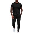thumbnail image 1 of Traje de ocio para hombre Cuello vuelto Cremallera Pretina Color puro Manga corta Pantalones largos Chándal Negro XL, 1 of 6