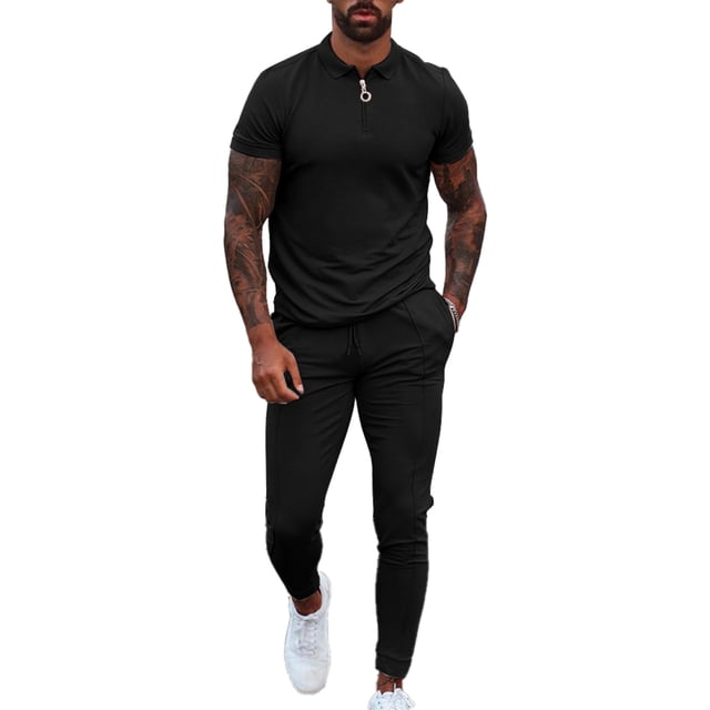 Traje de ocio para hombre Cuello vuelto Cremallera Pretina Color puro Manga corta Pantalones largos Chándal Negro XL