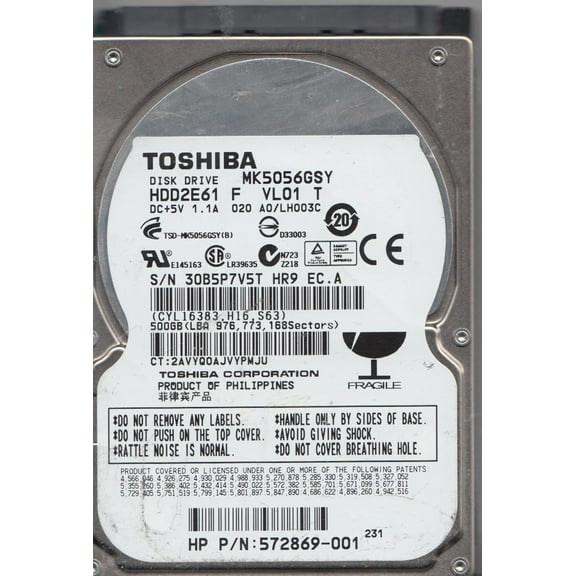 MK5056GSY, A0/LH003C, HDD2E61 F VL01 T, Toshiba 500GB SATA 2.5 Hard Drive