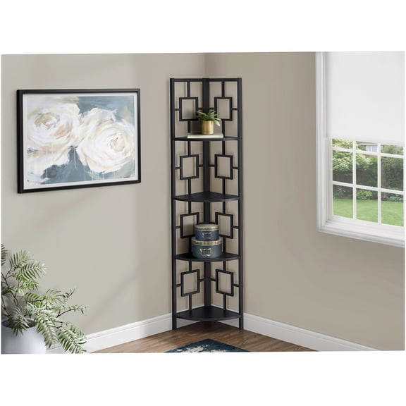 Black 4 Tier Corner Bookshelf with Metal Frame, Modern Freestanding Display Shelf for Living Room Office Bedroom