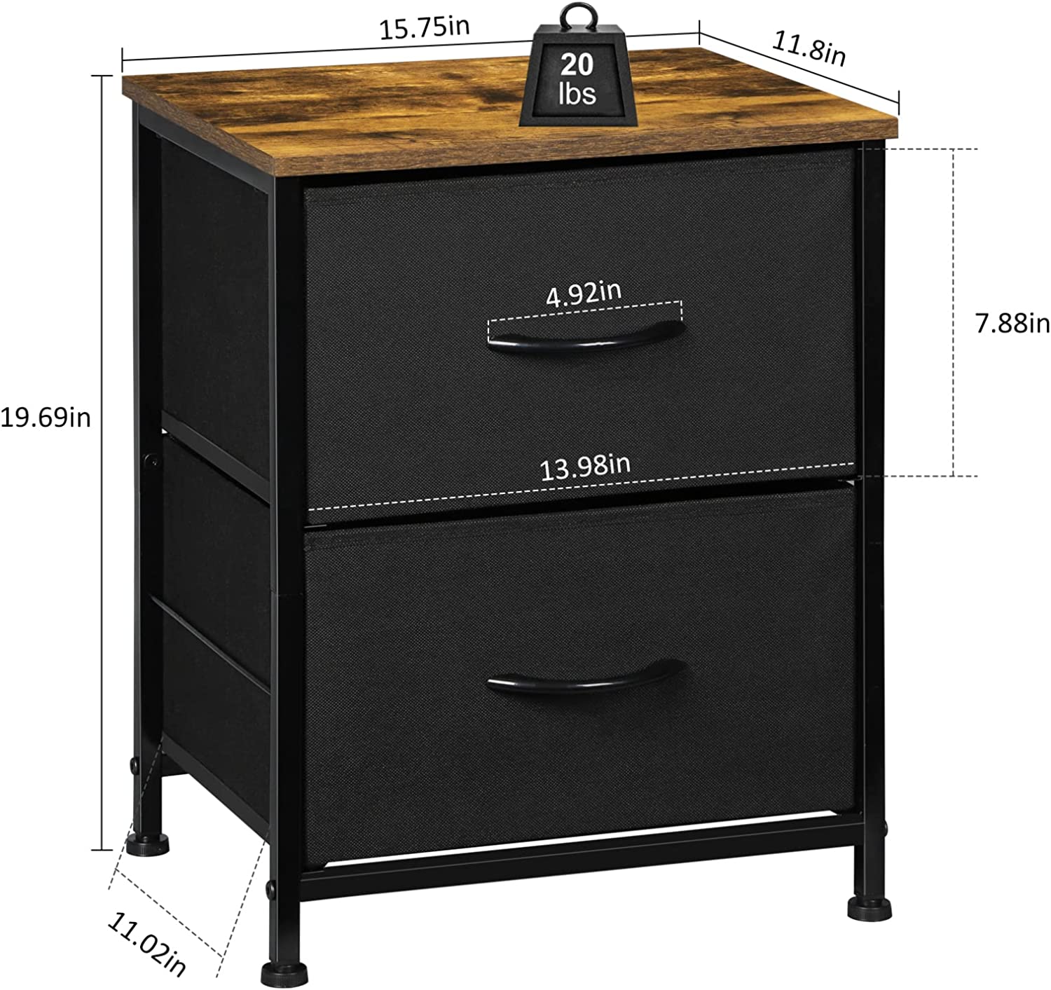 Small Nightstand Dresser, 2 Drawer Fabric Storage Bins Organizer, Black