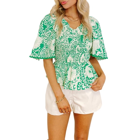 Women's Green Floral Smocked V-Neck Blouse – Casual Short Sleeve Summer Shift Top, XL
