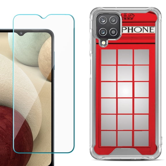 Shockproof Bumper Phone Case for Samsung Galaxy A12, with Tempered Glass Screen Protector, by OneToughShield ® - Phone Booth Red