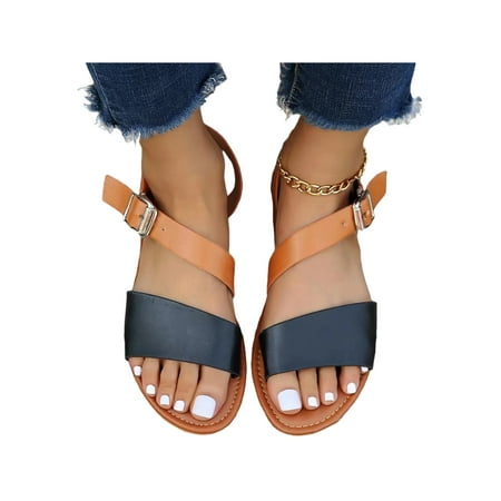 

Rotosw Women Summer Sandal Open Toe Gladiator Shoes Buckle Flat Sandals Nonslip Ankle Strap Beach Lightweight Black 4.5