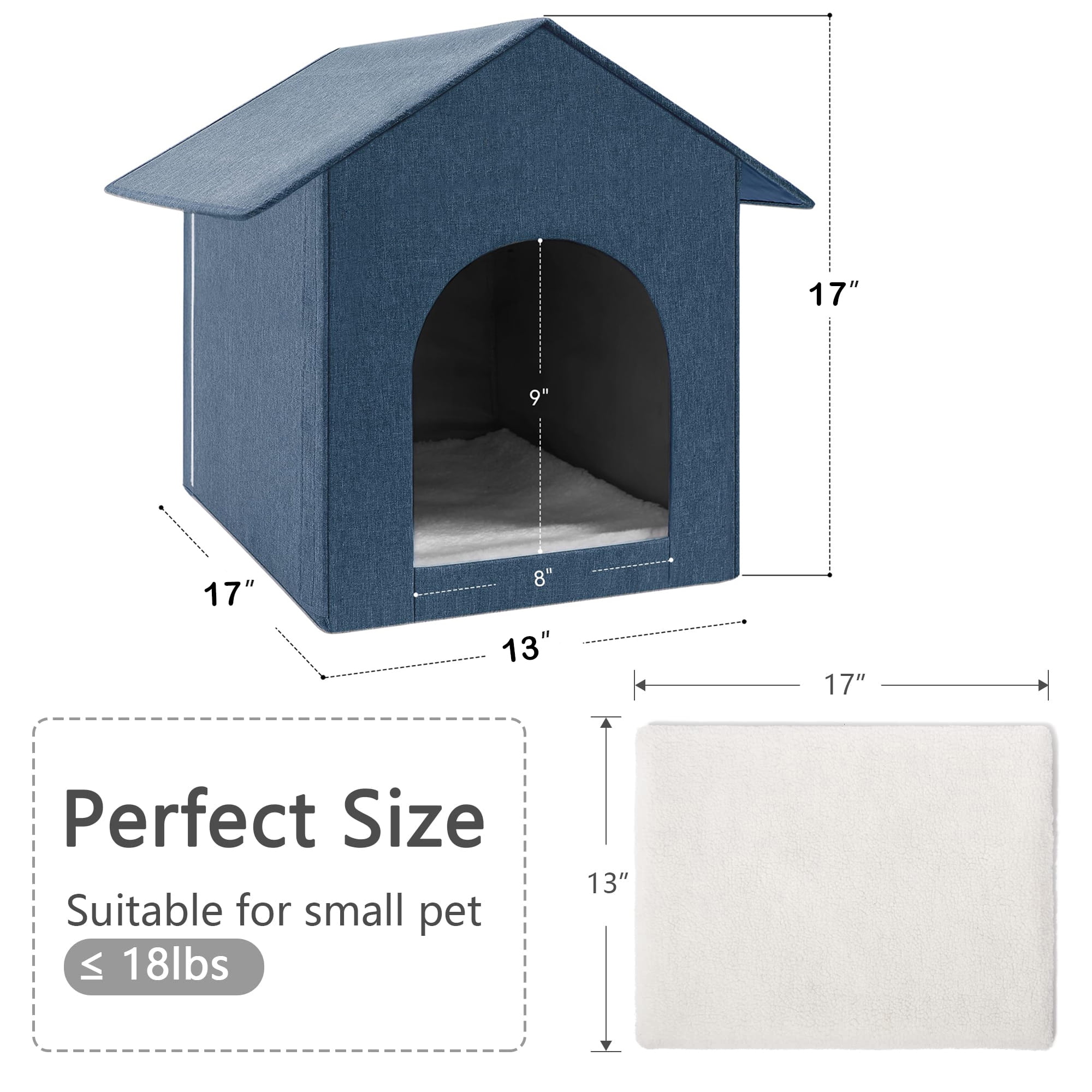 Cat House, Foldable Cat Bed for Outdoor, Cat Tent with Removable Soft Cushion ,Shelter for Cats Dogs ,17 x 13 x17 inches, Blue