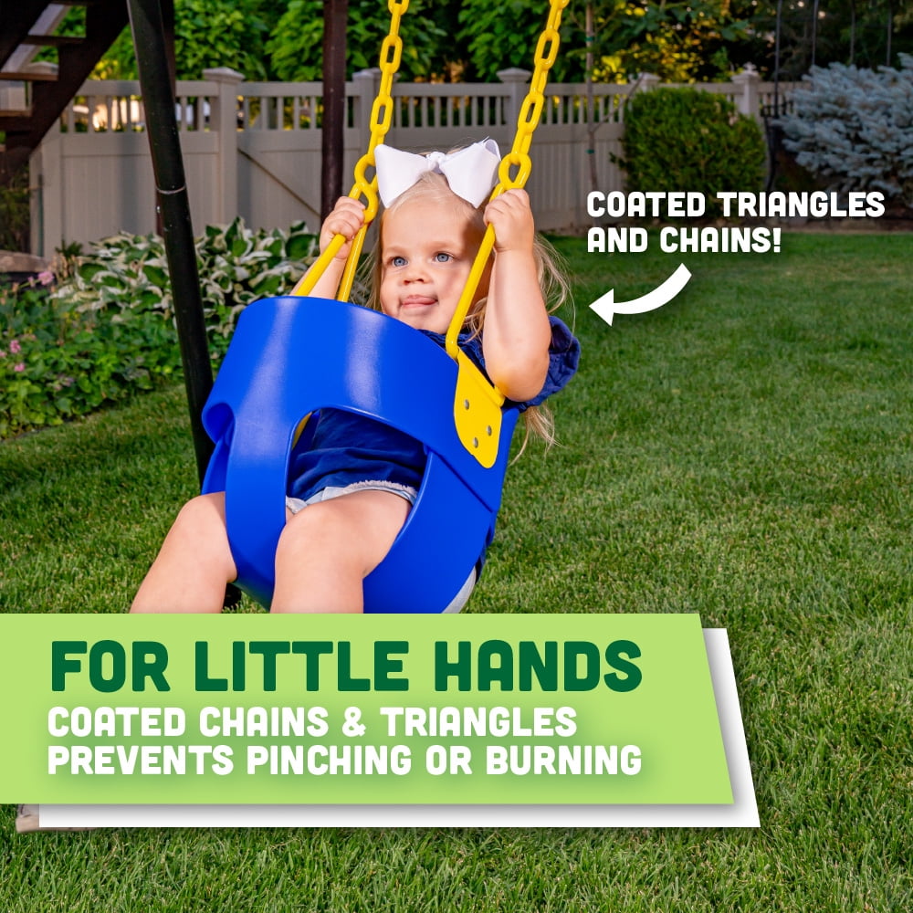Deluxe High Back Full Bucket Toddler Swing with Exclusive Chain & Triangle Dip Pinch Protection and Carabiners for Easy Install&nbsp;- Blue - Squirrel Products